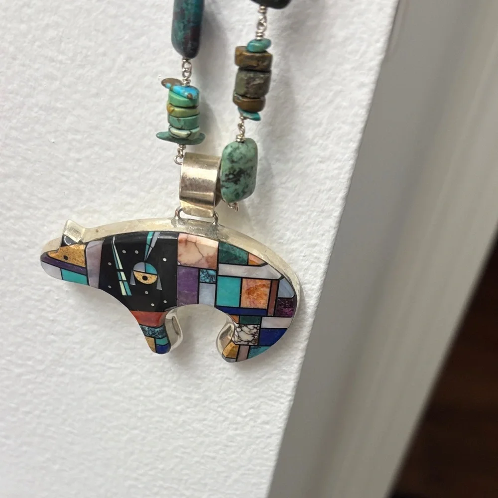 Inlay Stone Bear Pendant Necklace - Turquoise Multicolor heavy sterling silver - Picture 8 of 8